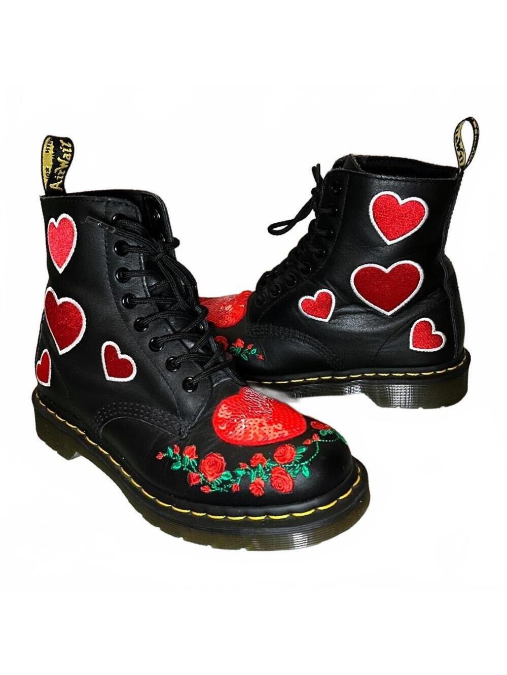 Dr. Martens 1460 Pascal Sequin Hearts Black Red Boots Women’s 8